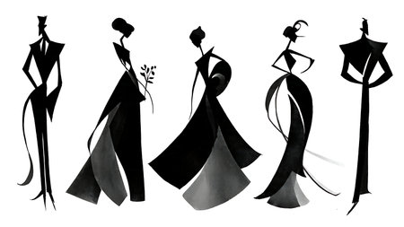 Abstract Stylized Wedding Couple Silhouette Collection isolated on plain white background.のイラスト素材