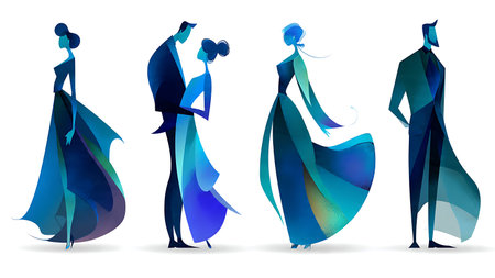Abstract Stylized Wedding Couple Silhouette Collection isolated on plain white background.のイラスト素材