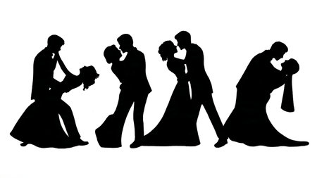 Bride Dipping Groom Role Reversal Silhouette Set isolated on plain white background.のイラスト素材