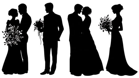 Bride with Bouquet and Groom Silhouette Set isolated on plain white background.のイラスト素材