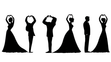 Wedding Couple Forming Heart Shape Silhouette Set isolated on plain white background.のイラスト素材