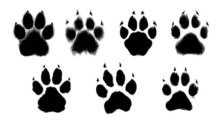 Big Cat Paw Print Comparison Silhouette Set isolated on plain white background.のイラスト素材