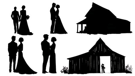 Rustic Barn Wedding Couple Silhouette Collection isolated on plain white background.のイラスト素材