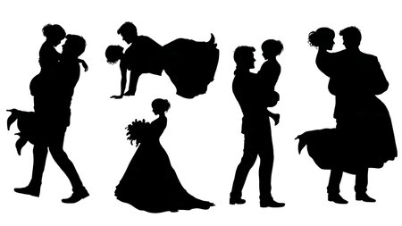 Groom Carrying Bride Across Threshold Silhouette Set isolated on plain white background.のイラスト素材