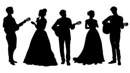 Groom Playing Guitar for Bride Silhouette Set isolated on plain white background.のイラスト素材
