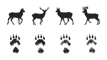 Deer and Ungulate Hoof Print Silhouette Set isolated on plain white background.のイラスト素材