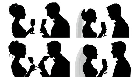 Clinking Glasses Wedding Toast Silhouette Detail isolated on plain white background.のイラスト素材
