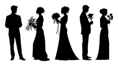 Bride with Bouquet and Groom Silhouette Set isolated on plain white background.のイラスト素材