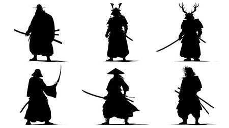 Historical Samurai Archetype Silhouette Collection isolated on plain white background.のイラスト素材