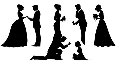 Groom Kissing Bride's Hand Silhouette Pack isolated on plain white background.のイラスト素材