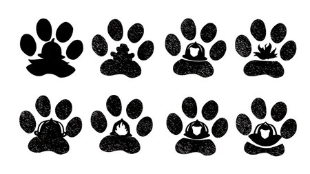 Firefighter Hero Dog Paw Print Silhouette Set isolated on plain white background.のイラスト素材