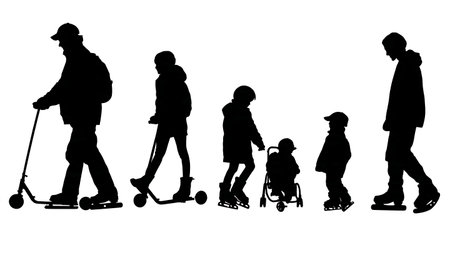 Family Ice Skating with Training Aids Silhouette isolated on plain white background.