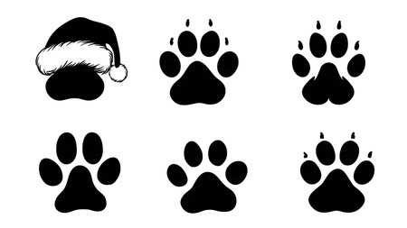 Christmas Santa Hat Paw Print Silhouette Set isolated on plain white background.のイラスト素材