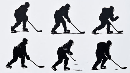 Ice Hockey Stickhandling Silhouette Skill Set isolated on plain white background.のイラスト素材