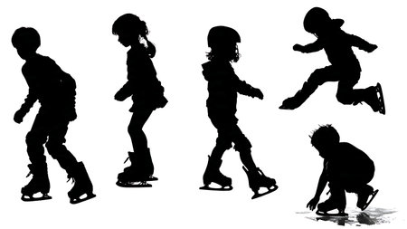 Children Learning to Ice Skate Silhouette Set isolated on plain white background.のイラスト素材