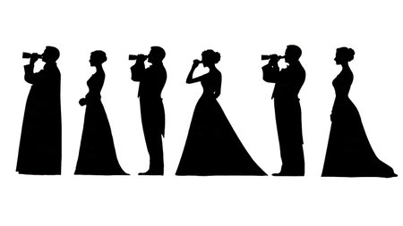 Wedding Couple Looking Through Binoculars Silhouette isolated on plain white background.のイラスト素材