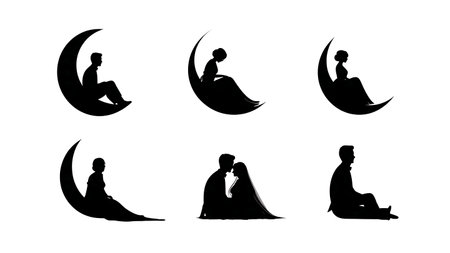 Wedding Couple on Crescent Moon Silhouette Set isolated on plain white background.のイラスト素材
