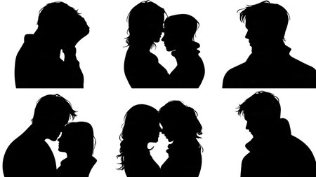 Forehead Kiss Wedding Couple Silhouette Pack isolated on plain white background.のイラスト素材