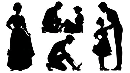 Groom Helping Bride with Shoe Silhouette Set isolated on plain white background.のイラスト素材