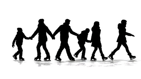 Family Ice Skating Together Silhouette Vector Set isolated on plain white background.のイラスト素材