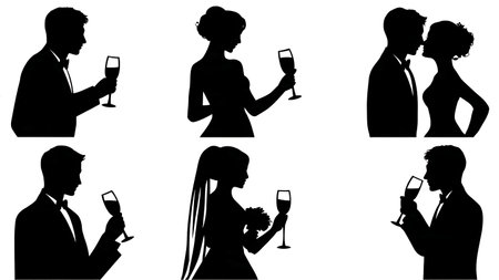 Clinking Glasses Wedding Toast Silhouette Detail isolated on plain white background.のイラスト素材