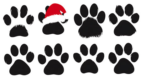 Christmas Santa Hat Paw Print Silhouette Set isolated on plain white background.のイラスト素材