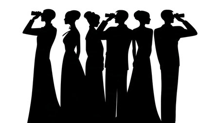 Wedding Couple Looking Through Binoculars Silhouette isolated on plain white background.のイラスト素材