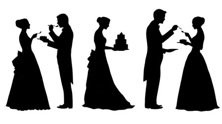 Bride and Groom Feeding Cake Silhouette Set isolated on plain white background.のイラスト素材