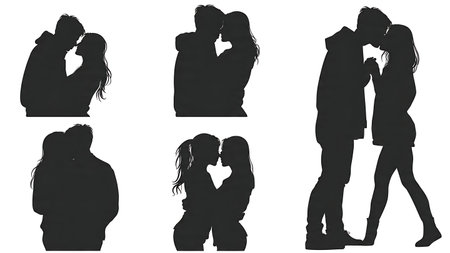 Forehead Kiss Wedding Couple Silhouette Pack isolated on plain white background.のイラスト素材