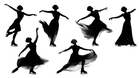 Graceful Female Ice Skater Silhouette Collection isolated on plain white background.のイラスト素材