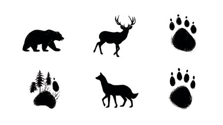 Forest Ecosystem Animal Track Silhouette Set isolated on plain white background.のイラスト素材