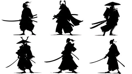 Historical Samurai Archetype Silhouette Collection isolated on plain white background.のイラスト素材