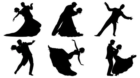 Joyful Groom Spinning Bride Silhouette Collection isolated on plain white background.のイラスト素材