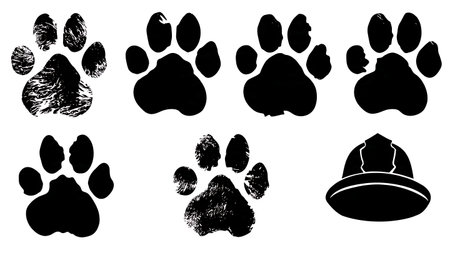 Firefighter Hero Dog Paw Print Silhouette Set isolated on plain white background.のイラスト素材