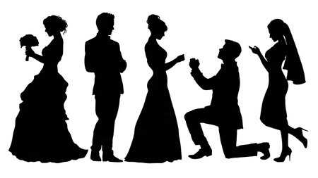 Groom on One Knee with Bride Silhouette Collection isolated on plain white background.のイラスト素材