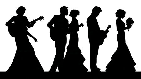Groom Playing Guitar for Bride Silhouette Set isolated on plain white background.のイラスト素材