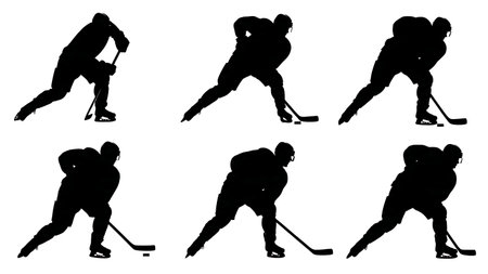 Ice Hockey Slapshot Motion Silhouette Set isolated on plain white background.のイラスト素材