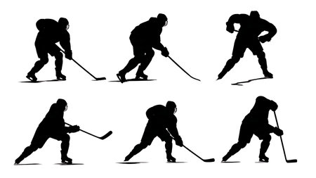 Ice Hockey Slapshot Motion Silhouette Set isolated on plain white background.のイラスト素材