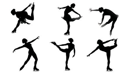 Female Figure Skater Spiral Pose Silhouette Set isolated on plain white background.のイラスト素材