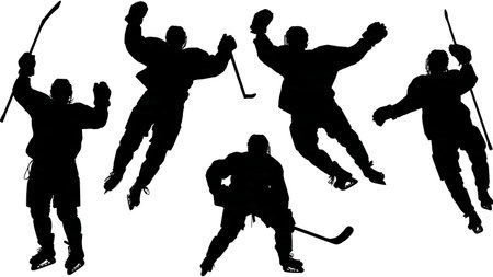 Ice Hockey Player Goal Celebration Silhouette Set isolated on plain white background.のイラスト素材