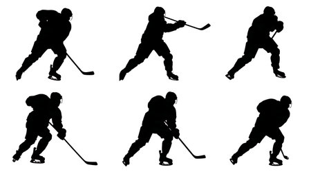 Ice Hockey Slapshot Motion Silhouette Set isolated on plain white background.のイラスト素材