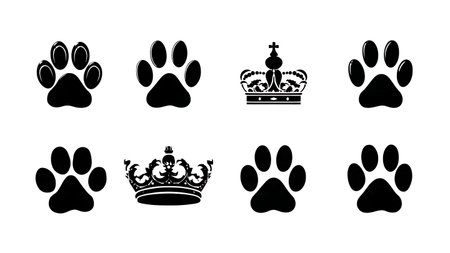 Paw Print with Royal Crown Silhouette Icon Pack isolated on plain white background.のイラスト素材