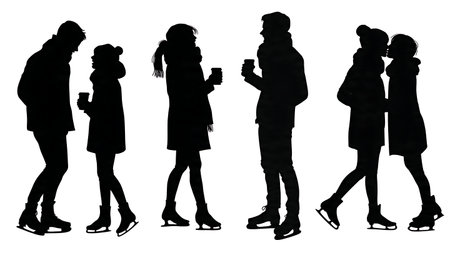 Romantic Ice Skating Date Couple Silhouette Pack isolated on plain white background.のイラスト素材