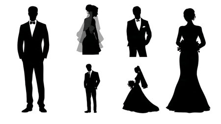 Multicultural Wedding Couple Silhouette Set isolated on plain white background.のイラスト素材