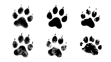 Small Puppy and Kitten Paw Print Silhouette Set isolated on plain white background.のイラスト素材