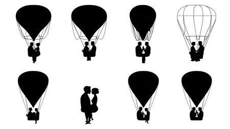 Hot Air Balloon Wedding Couple Silhouette Adventure isolated on plain white background.のイラスト素材