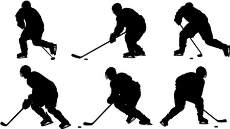 Ice Hockey Player Action Silhouette Set isolated on plain white background.のイラスト素材