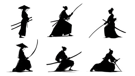 Katana Sword Position and Angle Silhouette Icons isolated on plain white background.のイラスト素材