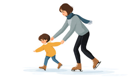 Parent Teaching Child to Ice Skate Silhouette isolated on plain white background.のイラスト素材