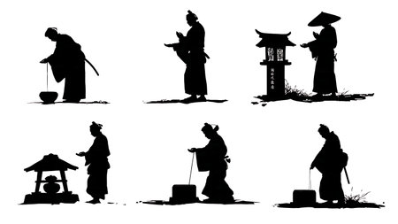 Samurai Praying at Shrine Silhouette Collection isolated on plain white background.のイラスト素材